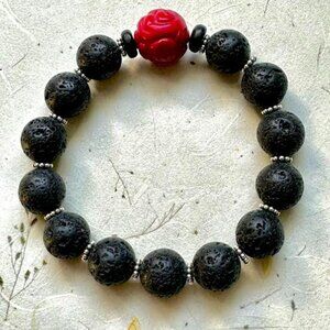 Beautiful Lava Stone and Red Coral Stretch Healing Bracelet